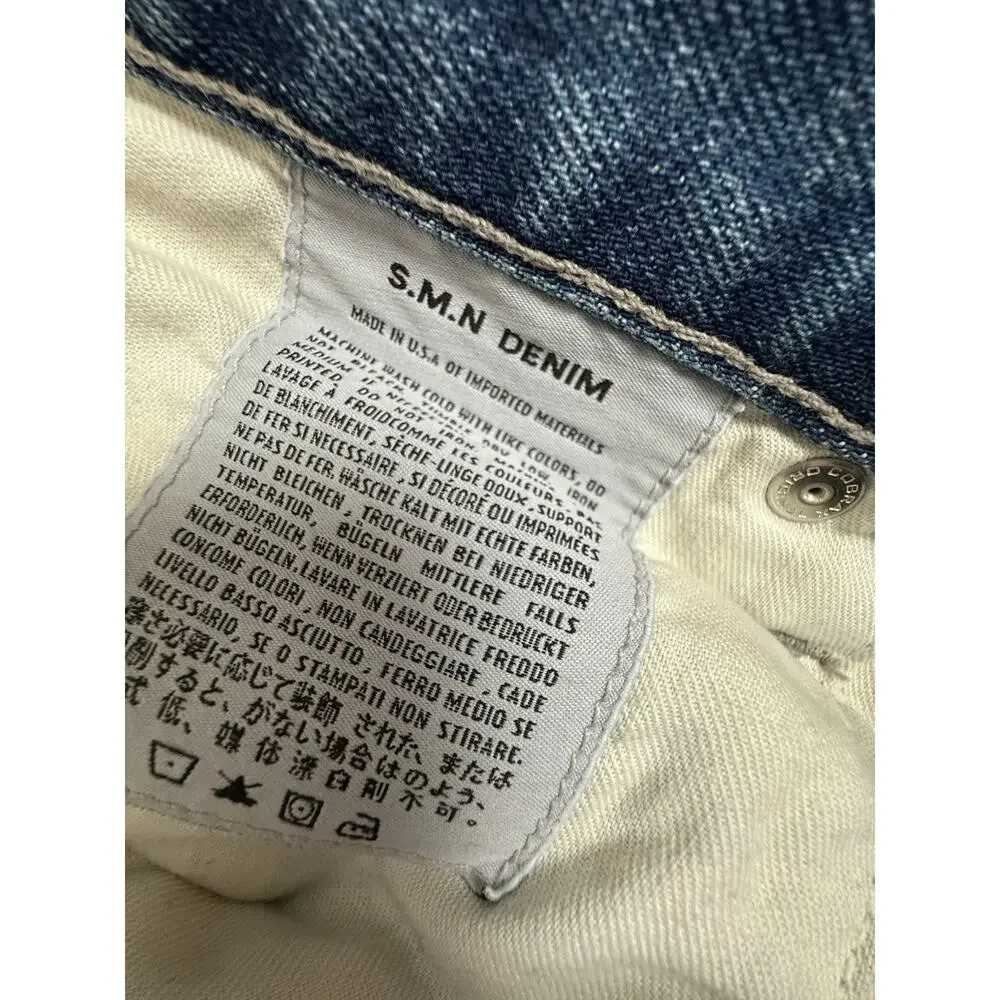 SMN USA Hunter Standard Slim Island Light Blue Distressed Denim Jeans Men 36x32